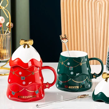 Új Karácsonyi Ajándék, Kerámia Drinkware Kreatív karácsonyfa Bögre Fedő Kanál Háztartási Kávé, Tej Kupa Színű Box Set Párok