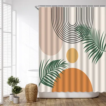 Absztrakt Század Közepén Zuhanyzó Függöny Geometriai Modern, Bohém Zöld Növény Levelei Minta Haza Szövet Dekoráció Fürdőszoba Függöny Horgok 0