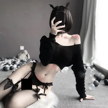 Aranyos Fehérnemű Angyal Cosplay Jelmez Kawaii Lolita Démon Egységes Szexi V-nyakú Ultra Rövid, Kötött Pulóver Pizsama Szett Nők számára