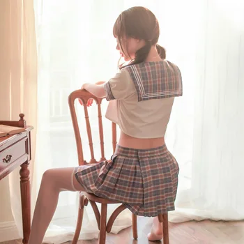 Japán Aranyos Kockás Ruhát Mini Rakott Szoknya Nők Szexuális Díszes Pornó Szerepjáték Egységes Szettek Szexi Iskola Lány Cosplay Jelmez 0