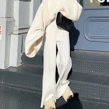 Kötött Nadrág Nők Széles Láb Nadrág Szilárd Alkalmi Pantalones Őszi Téli Sűrűsödik Alja Koreai Laza, Magas Derék Streetwear