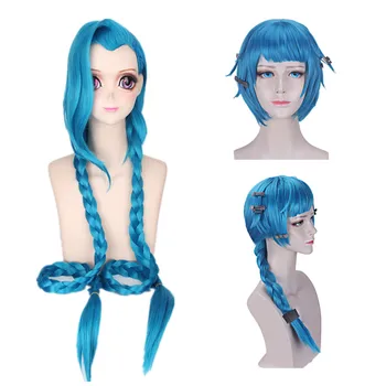 LOL Jinx cosplay paróka Jinx kék zsinórra A közveszélyes paróka kék királyné Jinx szintetikus haj + paróka sapka 0