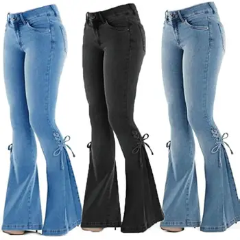 Közép Derekú Szakaszon Flare Jeans Női Farmer Nadrág Kötést Széles Láb Butt-emelte Alkalmi koreai Kék Vékony trapéznadrág