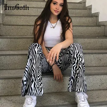 InsGoth Streetwear Zebra Csíkos Nyomtatás Nadrág Harajuku Nők Gótikus Magas Derék Laza Hosszú Nadrág Alkalmi Divat Egyenesen Nadrág