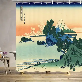 Japán Dekoráció Zuhanyzó Függöny, Japán Fuji Táj Hagyományos Ukiyo-e Ink Festmény Vízálló Fürdő Függöny Szett, 0