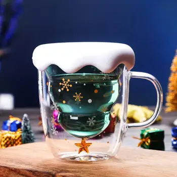 300ML kétrétegű Üveg Tea Csésze Fogantyú karácsonyfa Alakú Magas Boroszilikát Üveg, hőálló Bögre Konyhai Eszközök