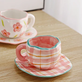 Északi Rózsaszín Kockás Kávés Bögre Készlet Szabálytalan Kerámia Reggeli Tej Kupa Konyhába Inni egy Csésze Tea Asztal dekoráció drinkware bögrék