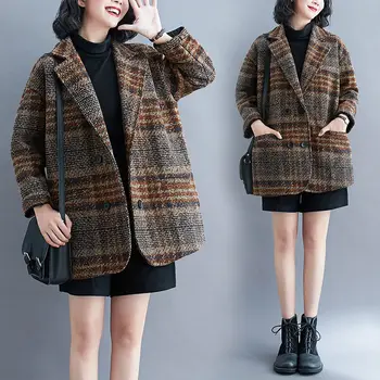 Gyapjú Kabát Női Őszi-Téli Blézer 2021 Új Kockás Kabát Plus Size koreai Stílus Laza Temperamentum Felsőruházat M1298