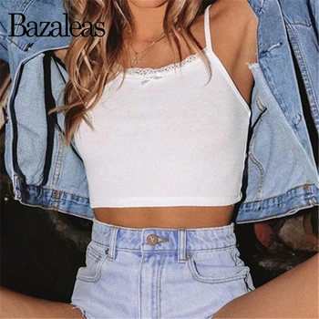 Bazaleas Streetwear Fehér Spagetti vágott Camis Center Íj Női Kombiné Összes Mérkőzés Csipke Cső top Divat Crop Top