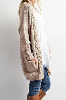 2021 őszi-téli új termék közepes hosszúságú szilárd színes zseb pulóver női csavar kötött kardigán