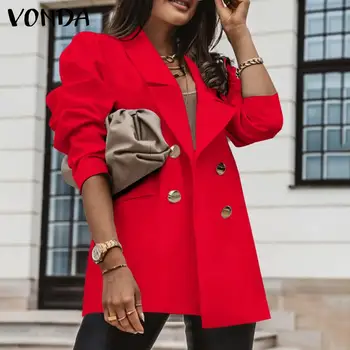 Elegáns Hivatalos Blézer 2021 VONDA Nők egyszínű Gomb Kosztüm Blézer Alkalmi Hosszú Ujjú Kabát Zsebekkel Veste Femme 0