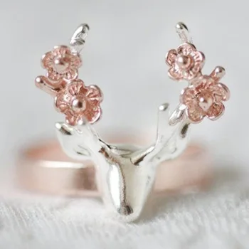 Milangirl Divat Ezüst Agancs Gyűrű Rózsa Arany Két Hang Virág Szarvas Gyűrűk a Nők, Évforduló, Karácsony 0