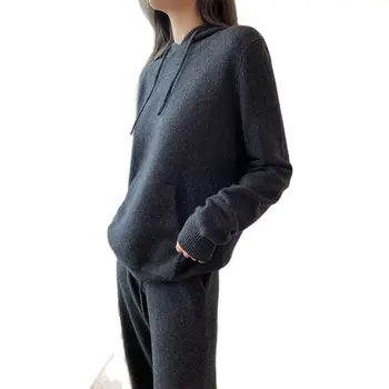 Alkalmi kötött ruha 2021 téli új laza kapucnis pulóver + széles-láb nadrágom két darab koreai divat, női ruha