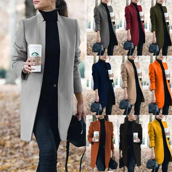 Divat Női Gyapjú Kabát Őszi Téli Egyszínű Állni Gallér Hosszú Kabát Office Lady Slim-Fit Munkáskabát Felsőkabát Plus Size