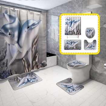 3D Óceán Fürdőszoba Függöny Zuhany csúszásgátló Szőnyeg Set Szőnyegek Wc Fedél Fedél Delfin Design, Vízálló Nyomtatás 12 Horog 0