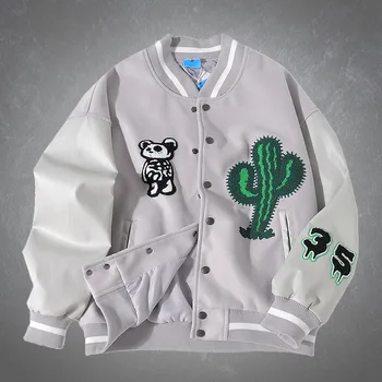 Panda hímzés patchwork Baseball bőr dzseki férfi ruházat Harajuku Streetwear Egyetemi divat Alkalmi túlméretezett kabátok Unisex caots 0