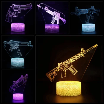 3D éjjeli lámpa pisztoly, gépfegyver géppisztoly géppuska kártya fegyvert asztali dekoráció ünnep, ajándék, karácsonyi asztali lámpa