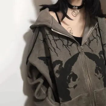 A nők Hip-Hop Streetwear kapucnis felső Gót Angyal Sötét Nyomtatás Cipzár kabát Kabát Harajuku Y2K Kapucnis Felső Ruha Férfi Női Punk Outwear