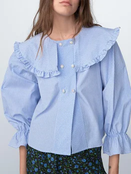 ZA ing 2021 új nyári női ruha vad kerek hajtóka mesterséges gem gombot édes kockás ing, top