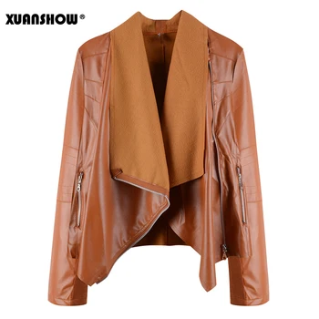 XUNASHOW Divat Női Kabát Kabát Splice Hosszú Ujjú Zip Fel Műbőr Női Kabát, PU Bőr Kabát Moto Motoros Outwear 0