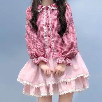 Japán Lolita, Hosszú Ujjú Kockás Ing Édes, Aranyos Baby Doll Hercegnő Puff Ujjú Peter Pan Galléros Póló Női Ruházat 0