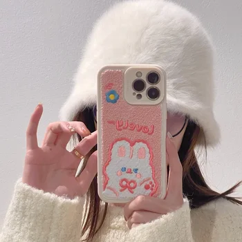 Korea Aranyos Rajzfilm Fuzzy Telefon tok iPhone 13 12 11 Pro Max XR Xs 7 8 Plusz Divat Téli Hímzett Rózsaszín Nyúl Puha Borító