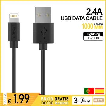 Adatkábel 2.4. A Töltő kábelét gyorstöltés Kompatibilis iPhone, iPad USB-Villám 1M Fekete Ingyenes szállítási Spanyolországból