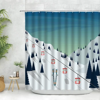 Téli Hó Hegy Zuhanyzó Függöny, Fa, Természetes Táj, Kábel Autó Ski Mező Illusztráció Rajzfilm Függöny Fürdőszoba Decor Készletek