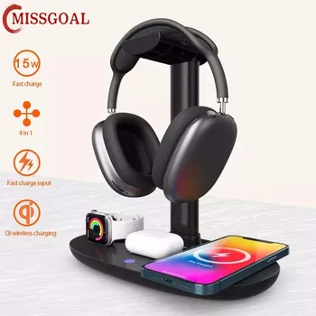 Missgoal 4 1 Fejhallgató Állvány 15W Vezeték nélküli Gyors Töltő Állomás Apple Fülhallgató Kijelző Jogosultja a Számítógép, Fülhallgató Konzol 0