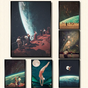 5D Gyémánt Festészet Éjszakai Égbolt Művészi Nyomatok Föld Szürrealizmus Galaxy Holdon Swiming Kozmikus Sci-Fi lakberendezés Kép Rhinesto