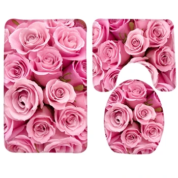 3pcs Fürdőszoba Szőnyeg Szett Rózsaszín Rózsa Mintás Szőnyeg Zuhany csúszásgátló Szőnyeg, Wc Szőnyeg Fürdőszoba Termékek 0