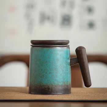 Retro Kerámia Bögre Bubble Tea Csésze Fedő Japán Tea, a Víz Eredeti Bögre Kávés Csésze Eszpresszó Kemencében Sült Fa nyele Ajándék