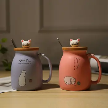 Kreatív Aranyos Macska Bögre hőálló Rajzfilm Csésze Fedelét, majd Kanál Kávét Kerámia Bögrék Gyermekek Cup Drinkware Ajándék