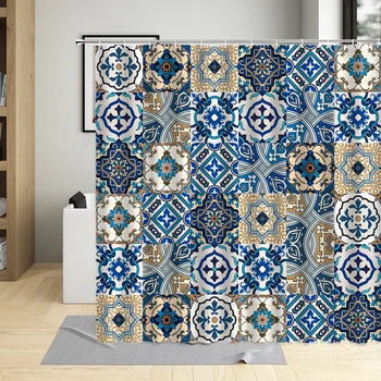 India Bohém Zuhanyfüggöny Marokkói Tégla Textúra Vintage Etnikai Geometriai Minta Fürdőszoba Függöny Fürdőkádban Dekorációs Szett