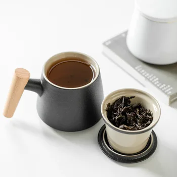 Kerámia tea csésze fedő, tea elválasztó kupa, szűrés kupa, kreatív fa nyéllel kupa
