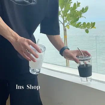 modulok egyszerű üveg szalma kupa koreai nyári reggeli kupa diák hordozható kávés csésze fedő hivatal cupv waterbottle szalmával