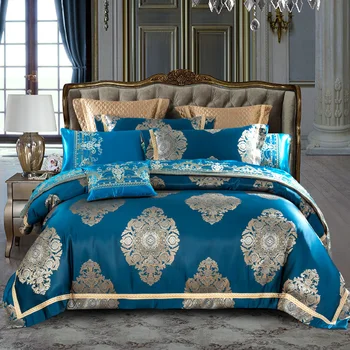 Kék Barna színű Luxus Királyi ágyneműgarnitúra Királynő King-size Ágy szett Pamut Ágyat/lapos Lapos szett Szatén Jacquard Ágynemű paplanhuzat