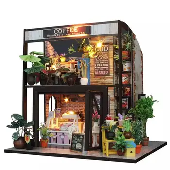 DIY Fából készült Miniatűr Cafe House Babaház Bútorokkal LED-Játék, Ajándék 0