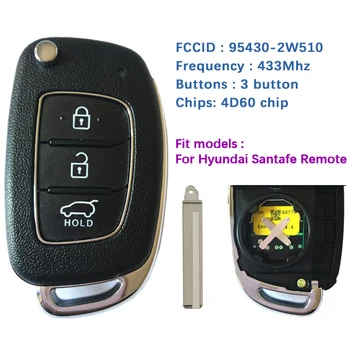 CN020073 3 Gomb Eredeti Összecsukható Flip távirányító Hyundai Santafe Csere Gombot, 433Mhz 4D60 Chip FCCID RKE-4F17 95430-2W510