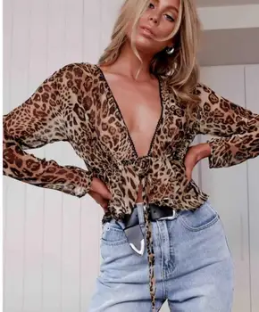2020 nők, szexi leopárd ing, hosszú ujjú, mély v-nyakú póló nyári club hord a fiatal hölgyek