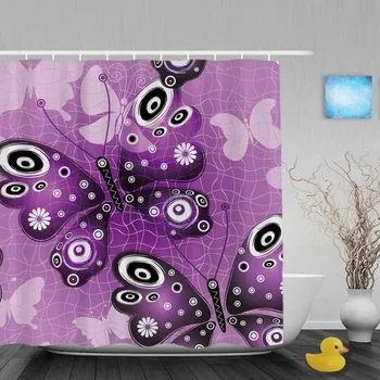 Lila Pillangó Tervezett Fürdőszoba Zuhanyzó Függöny Morden Rács Minta Zuhanyfüggöny Vízálló Ployster Szövet Horgok 0