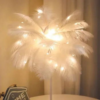 Kreatív Toll asztali Lámpa Meleg Fehér Fény Fa Toll Lámpaernyő Lány LED Esküvői Dekorációs Fények, Születésnapi Ajándék 0