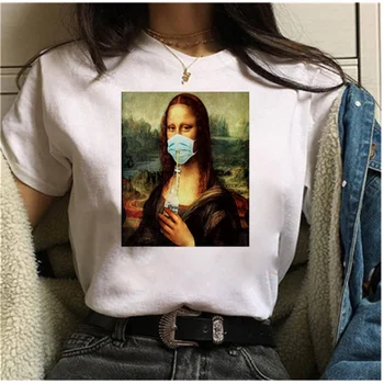 Mayos Női póló Mona Lisa Maszk Esztétikai Harajuku T-ing Női Ullzang Retro Grafikus póló, Vicces 90-es évek Rajzfilm póló