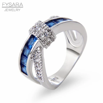 FYSARA Kereszt Ujj Gyűrű A Nők Burkolt Cirkon Kék Kristályok Luxus Hercegnő Lady Eljegyzési Gyűrűt Pár Ékszerek