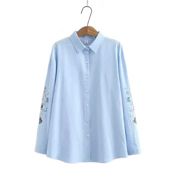 Plus Size Női Hosszú Ujjú Fehér Blúz Hímzett Pamut Blusas Officewear shirt Gombok 0
