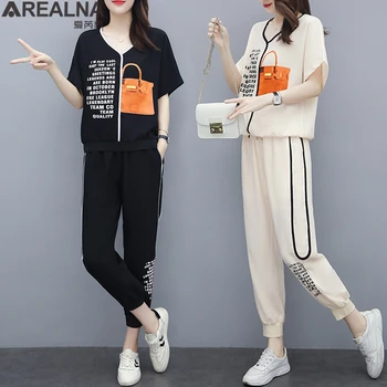 M-5XL Nyáron Két darabos Készlet Melegítőben Nők Plus Size Betű nyomtatás Pulóver, Melegítő Illik koreai Alkalmi 2 darabos készlet nők