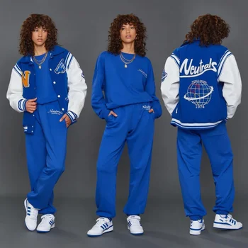 Őszi Luxus Semleges Kék Melegítőben Nők Két Darabos Készlet Elcsigázott Streetwear Laza Pulóver Nadrág Ruha Kocogó Férfi Melegítő 0