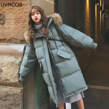Koreai Téli Zubbonyok Megvastagodása Kabát Divat Közepes hosszúságú Női Téli Kabát, Levehető Kapucnis Szőrme Gallér Női Kabát
