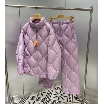 21 Téli Luxus, 2 Darabos Készlet Kabát Női Hosszú Ujjú Állni Gallér Meleg Vastag Kabát A Derék Rugalmas Steppelt Le Nadrág