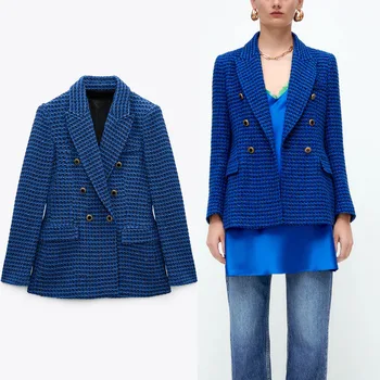 Za 2021 Texturált Houndstooth Minta Kék Blézer Női Hosszú Ujjú Office Lady Dupla Soros Blézer Kabát Női Vintage Bő Kabát